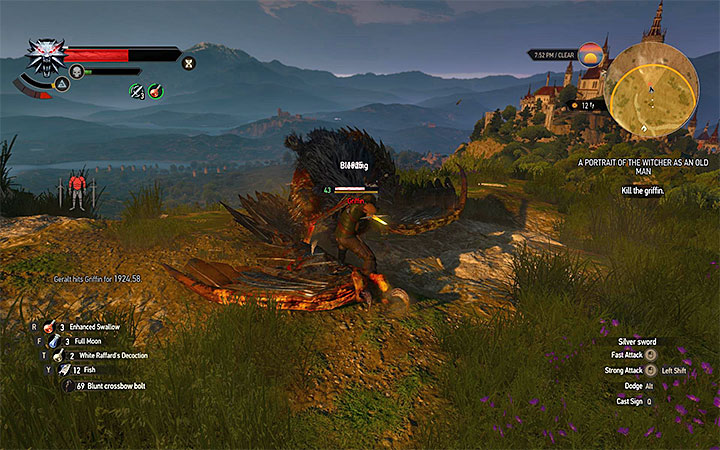 Use Aard or crossbow to get the griffin to the ground and then attack it - A Picture of the Witcher as an Old Man - Side quests - The Witcher 3: Blood and Wine Game Guide