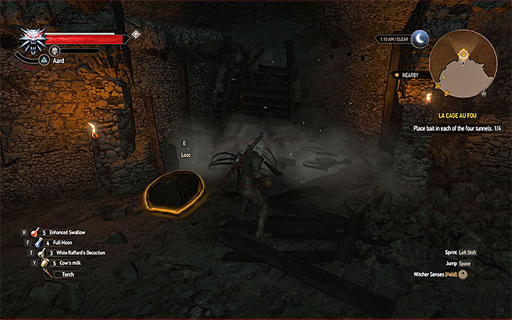Use the Aard sign to unlock the passages into two of the four tunnels. - La Cage au Fou - Main quests - The Witcher 3: Blood and Wine Game Guide