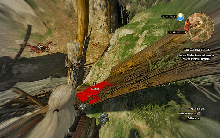You have to reach the upper part of the quarry, and by using the witcher senses, locate the part of the crane which can be investigated - Contract: Bovine Blues - slyzards contract - Witcher contracts and Treasure hunts quests - The Witcher 3: Blood and Wine Game Guide