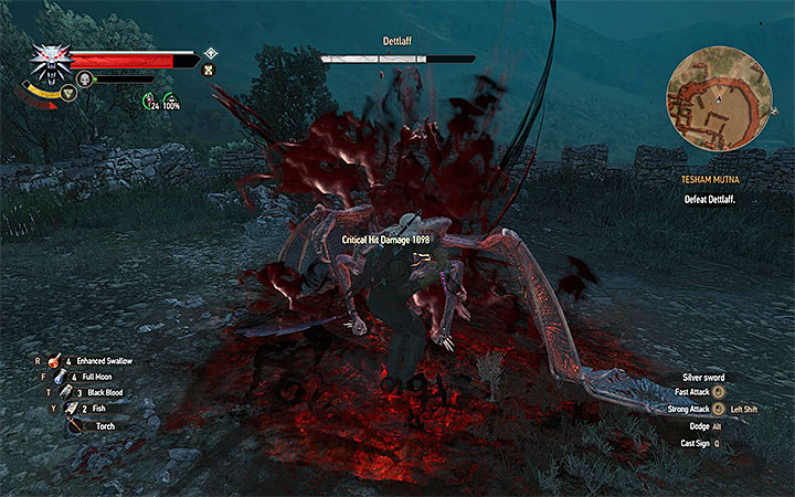 You should attack Dettlaff only when he lands on the arena - an example situation like that is shown on the above picture - Tesham Mutna - the final confrontation with Dettlaff - Main quests - The Witcher 3: Blood and Wine Game Guide