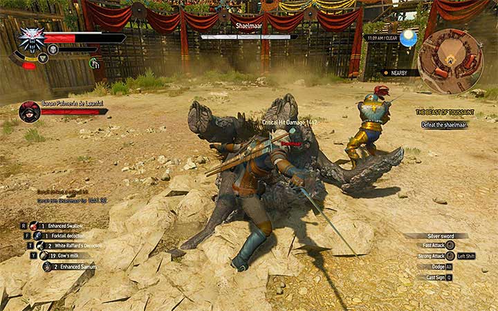The best way to defeat the shaelmaar is to position yourself at the edge of the arena and wait for the opponent to start rolling towards you - Main quests bosses in The Witcher 3: Blood and Wine - All Boss Fights - The Witcher 3: Blood and Wine Game Guide