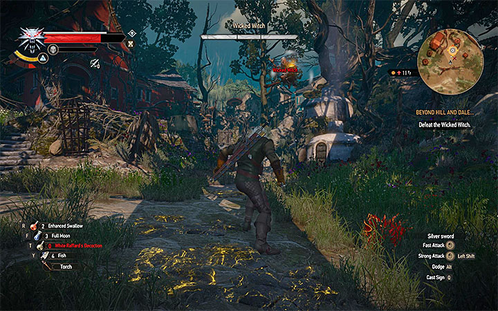 Use crossbow or Aard sign to bring the witch to the ground - Beyond Hill and Dale... - quest about finding Syanna - Main quests - The Witcher 3: Blood and Wine Game Guide