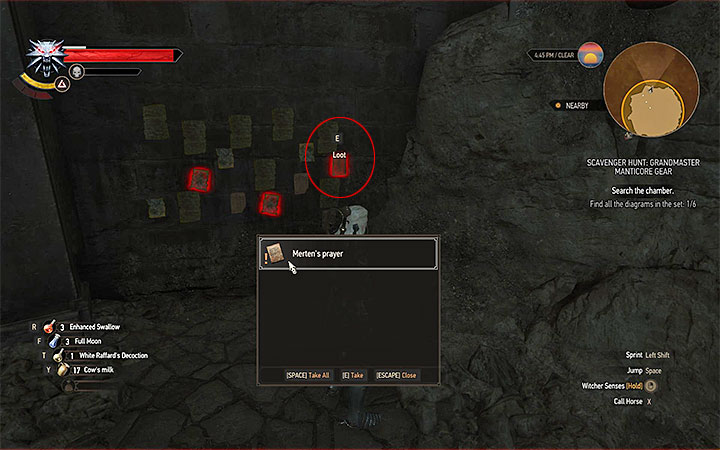 After entering the last chamber you can take some time to read the messages from the walls and to examine notes with the help from the Witcher senses - Scavenger Hunt: Grandmaster Manticore Gear - diagrams and item statistics - Grandmaster Witcher Gear - quests, diagrams and item statistics - The Witcher 3: Blood and Wine Game Guide