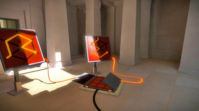 The first floor of the underground, the both standing panels - Puzzle solutions | Temple of the Sun in The Witness - Temple of the Sun - The Witness Game Guide & Walkthrough