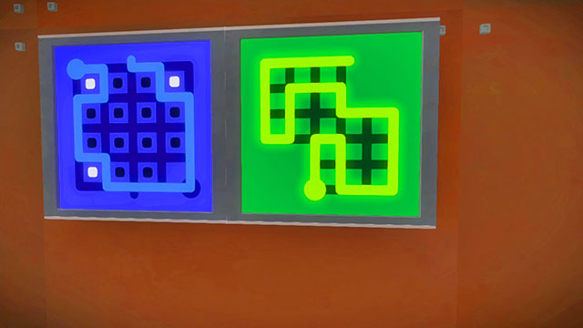 The entrance to the first building, both puzzles - Puzzle solutions | Quarry in The Witness - Quarry - The Witness Game Guide & Walkthrough