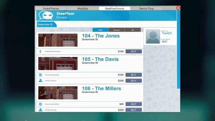 The StealYourForums tab enables you to buy advice, including the schedule of household members. - How to steal without getting caught in Thief Simulator? - Thief advice - Thief Simulator Guide