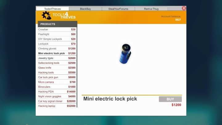 Tools can be bought in the Tools4Thieves tab. - Available tools in Thief Simulator - Tools and items - Thief Simulator Guide