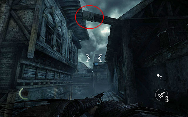 Approach the marked point from the eastern side, select the Rope Arrow from the inventory and aim at the interactive point shown in the above screenshot - A Stroke of Madness - Jobs - Basso - Thief - Game Guide and Walkthrough