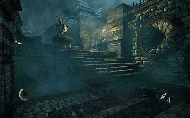 It is much safer to take the stairs on the right - Explore the gardens in the Barons estate - description - Chapter 6: A Man Apart - Thief - Game Guide and Walkthrough