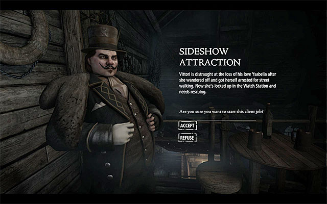 The mission accept window - Sideshow Attraction - Client Jobs - Vittori - Thief - Game Guide and Walkthrough