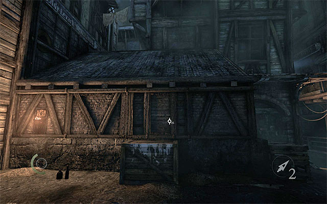 After you are back out in the open [South Quarter / Riverside - Eels End] return to the main path and go east, while watching out for the single guard with a torch, who may be busy patrolling this area - Reach the brothel - description - The City - Thief - Game Guide and Walkthrough