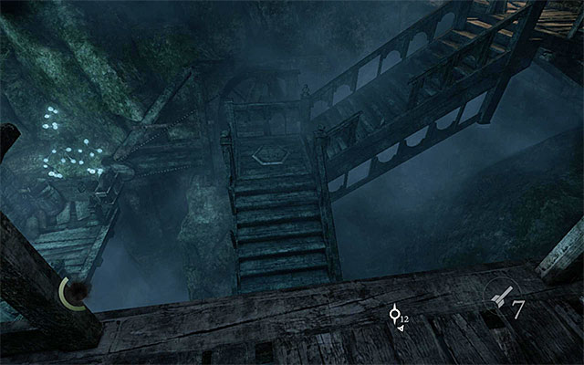Walk over the balcony above and stop in the spot shown in the above screenshot - Reach the central tower - Chapter 3: Dirty Secrets - Thief - Game Guide and Walkthrough