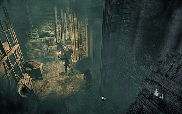 Climb onto one of the ledges higher above and wait for the enemies to go past Garrett - Reach the main hall of the cathedral - Chapter 7: The Hidden City - Thief - Game Guide and Walkthrough