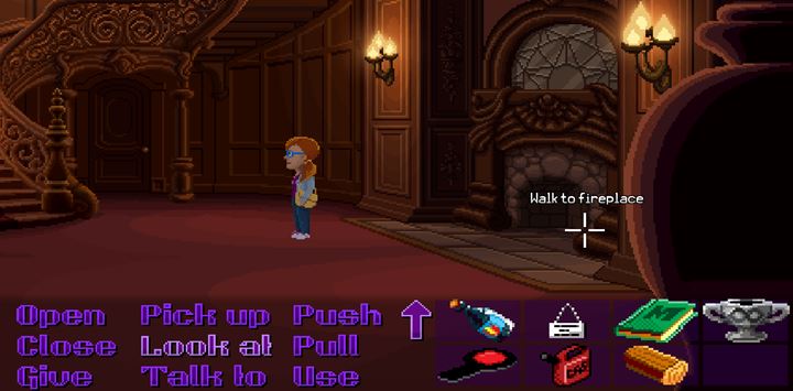 Place the firewood in the fireplace, then use gas can and hot sauce on it. - Part 1 - The meeting / Part 2 - The Body | Walkthrough - Walkthrough - Thimbleweed Park Game Guide