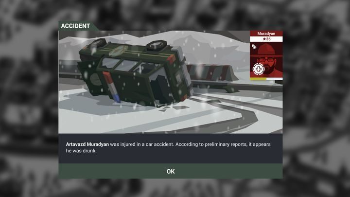 A window informing about an accident caused by a drunk officer. - Officers in This is the Police 2 - Game Mechanics - This is the Police 2 Game Guide