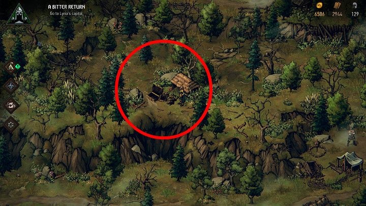 This next chest can be found on a tall hill - Hidden treasures chests in Lyria | Thronebreaker The Witcher Tales - Maps of hidden treasures - Thronebreaker The Witcher Tales Guide