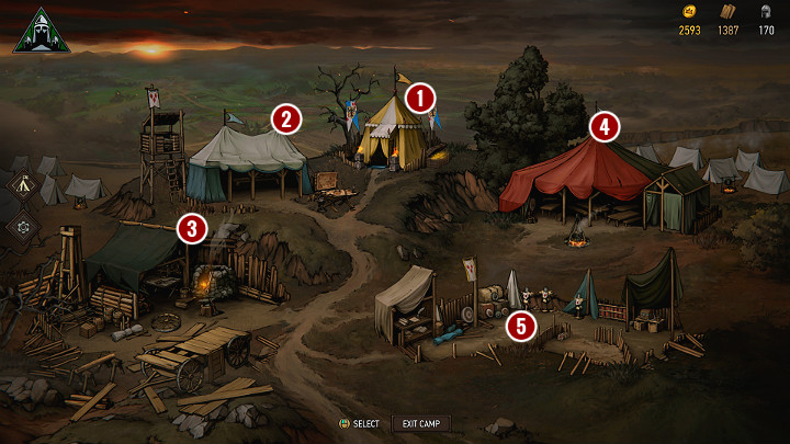 In the camp you have access to 5 basic buildings, which can be later extended and enriched with additional functions - The Camp in Thronebreaker The Witcher Tales - General Advice - Thronebreaker The Witcher Tales Guide