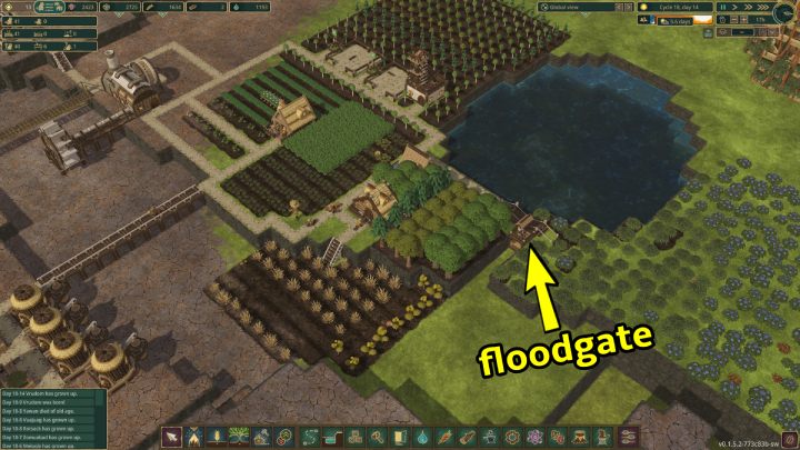 Next to the artificially created lake or river, put up a farmhouse and before the drought arrives, close the floodgate to keep water in the reservoir while the main river dries up - Timberborn: Drought (dry season, gathering resources) - how to survive? - FAQ - Timberborn Guide