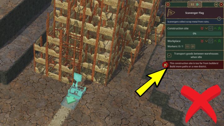 When you find the metal ruins lying closest to the district center, try to place a path leading to them - Timberborn: Resources outside of the district center - how to collect? - FAQ - Timberborn Guide