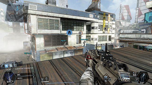 There is one of the capture points in the building shown at the picture, while in the porch in front of it there is a flag, which can effectively be defended both from the rooftop and from inside the building - Angel City - Maps - Titanfall - Game Guide and Walkthrough