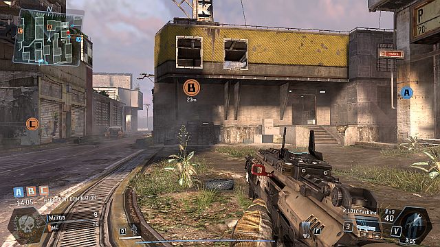 There are small buildings in the middle of the town - one of them, as shown at the screenshot, is a capture point in Hardpoint - Nexus - Maps - Titanfall - Game Guide and Walkthrough