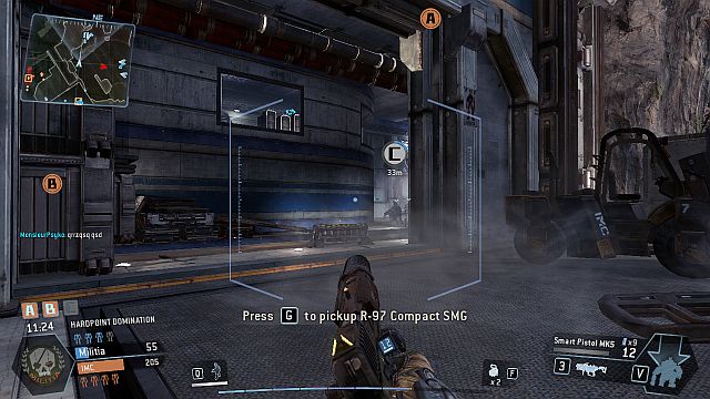 The entrance to the capture point from the side of an open hangar - Overlook - Maps - Titanfall - Game Guide and Walkthrough