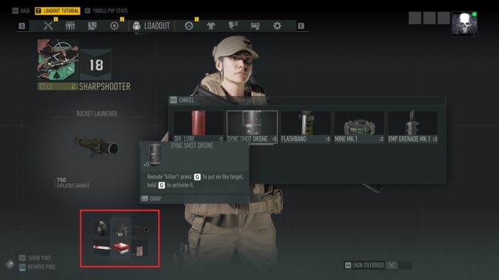 The place where you can select Syncshot Drones. - How to use sync shot with the drone in Tom Clancys Ghost Recon Breakpoint - FAQ - Tom Clancys Ghost Recon Breakpoint Guide