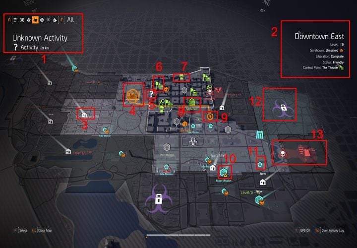 The screen shows the map view in the game. - Interface in The Division 2 - Gameplay basics - The Division 2 Guide