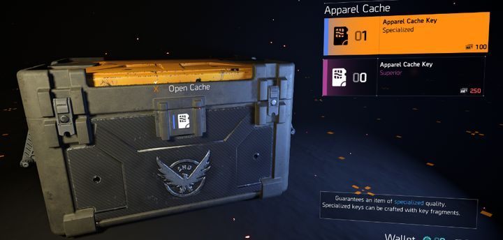 The screen shows boxes that can be opened with keys obtained in quests. - Microtransactions in The Division 2 - Gameplay basics - The Division 2 Guide