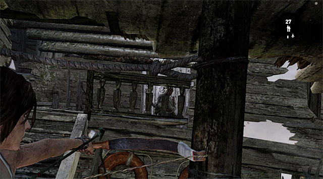 Leap over to the ledge with the dead guard and aim at the enemy on the upper level - Collect the Block and Tackle | 21: A Pirates Life Walkthrough - 21: A Pirates Life | Walkthrough - Tomb Raider Game Guide