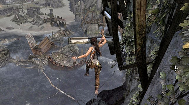 Once Lara pulls up a new ledge, leap over to a single beam that juts out of the lighthouse - Reach the Endurance Wreck (part 1) | 22: Gone Missing Walkthrough - 22: Gone Missing | Walkthrough - Tomb Raider Game Guide