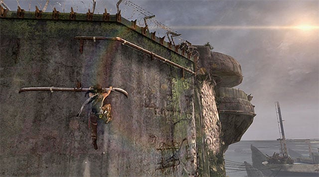 Slide down the rope, but press the action button right before hitting the wall - Reach the Endurance Wreck (part 2) | 22: Gone Missing Walkthrough - 22: Gone Missing | Walkthrough - Tomb Raider Game Guide