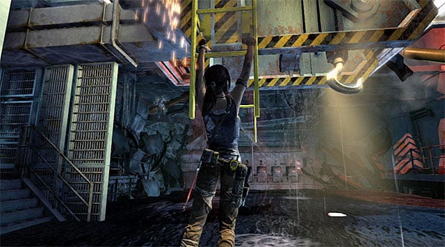 The next step is the most important, because you need to grab onto the ladder farther to the right (screenshot) in order to move the structure again - Find Alex | 22: Gone Missing Walkthrough - 22: Gone Missing | Walkthrough - Tomb Raider Game Guide