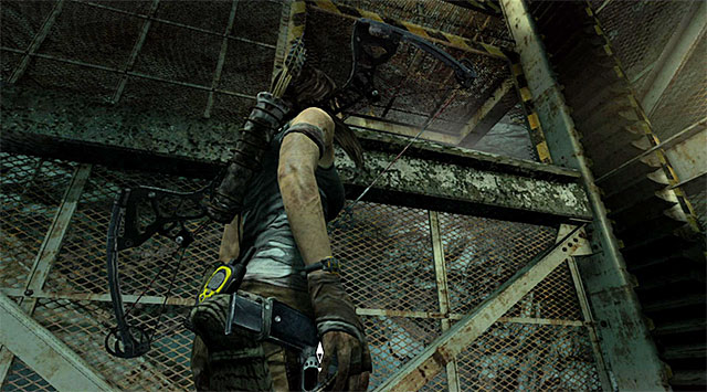 Enter the elevator and locate a hole shown on the screen - jump towards it in order to get to the staircase - Discover the Ancient Tomb | 23: Storm Chaser Walkthrough - 23: Storm Chaser | Walkthrough - Tomb Raider Game Guide