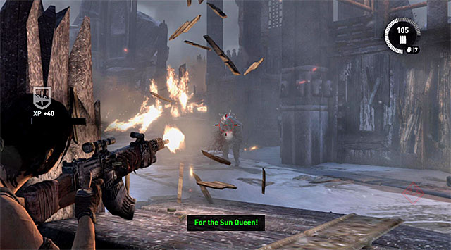 Jump down and take cover behind nearest low wall - Rescue Sam from Mathias (part 2) | 24: Going Back In Walkthrough - 24: Going Back In | Walkthrough - Tomb Raider Game Guide