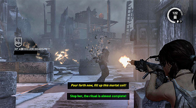 The schema of actions is in this case similar to previous fights, so take cover behind low walls and try to eliminate enemies with headshot to save ammo - Rescue Sam from Mathias (part 2) | 24: Going Back In Walkthrough - 24: Going Back In | Walkthrough - Tomb Raider Game Guide