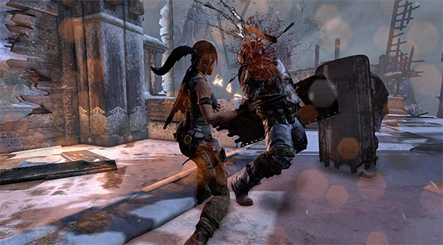 At the end, deal with two enemies with shields - Rescue Sam from Mathias (part 2) | 24: Going Back In Walkthrough - 24: Going Back In | Walkthrough - Tomb Raider Game Guide