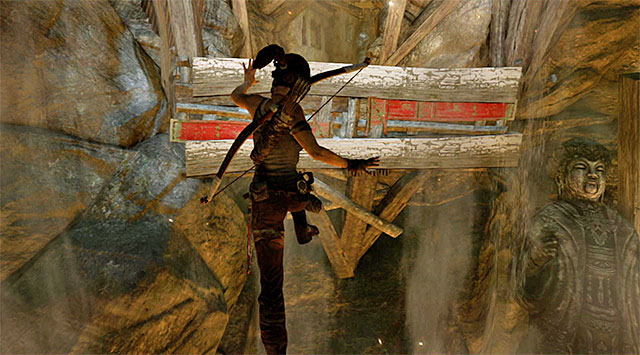 There are to more leaps to perform - the first with the intention of grabbing onto the hanging platform, the second to reach the safe ledge outlined in the distance - Escape the Cavern | 16: No One Left Behind Walkthrough - 16: No One Left Behind | Walkthrough - Tomb Raider Game Guide