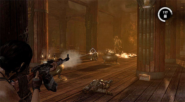 As soon as the battle begins, change cover for a better one, behind one of the columns - Survive the Ambush | 17: Into the Fire Walkthrough - 17: Into the Fire | Walkthrough - Tomb Raider Game Guide