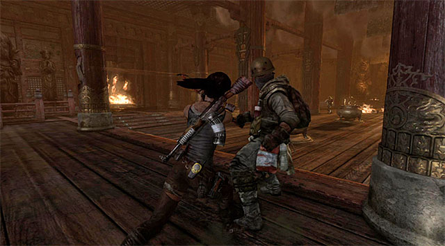 Watch out for the enemies that will try to get close; take care of them in melee combat or with the shotgun - Survive the Ambush | 17: Into the Fire Walkthrough - 17: Into the Fire | Walkthrough - Tomb Raider Game Guide