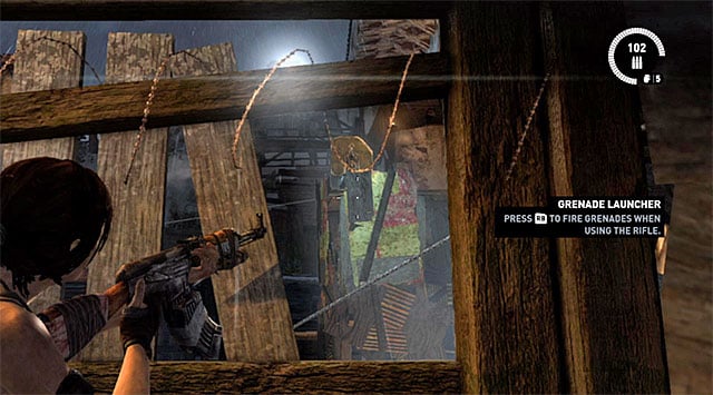 When you step into the next area, wait until the searchlight goes away and place yourself as seen on the above screenshot - Regroup with Sam | 17: Into the Fire Walkthrough - 17: Into the Fire | Walkthrough - Tomb Raider Game Guide