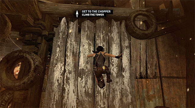 Make your way towards the closest wall and start going up - Climb the Tower | 18: Get to the Chopper Walkthrough - 18: Get to the Chopper | Walkthrough - Tomb Raider Game Guide