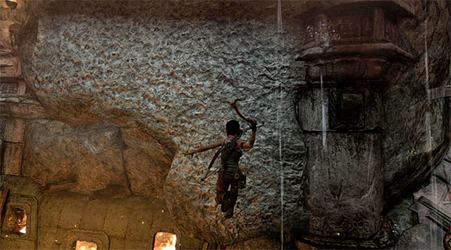 When you reach the edge, jump and use the climbing axe by pressing the action button in flight - Chamber of Judgment | Optional Tombs: Shantytown - Shantytown | Optional Tombs - Tomb Raider Game Guide