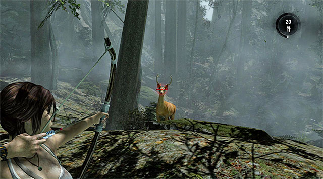 Following the games instruction, get into aiming mode (preferably with zoom), stretch the bowstring, and only then make the shot - Collect Meet from the Deer | 4: Woman Versus Wild Walkthrough - 4: Woman Versus Wild | Walkthrough - Tomb Raider Game Guide