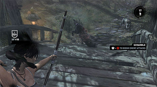 As soon as you notice them, fall back somewhere safe (preferably a hill) and use the bow to attack them - Catch Up with Whitman | 5: Just Keep Moving Walkthrough - 5: Just Keep Moving | Walkthrough - Tomb Raider Game Guide