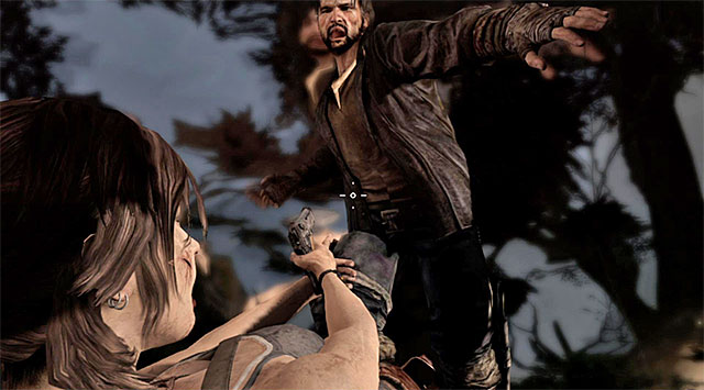 When she gets hold of a gun, shoot at the assailant (screenshot) - Avoid Detection While Attempting to Escape | 7: Mountain Rendezvous Walkthrough - 7: Mountain Rendezvous | Walkthrough - Tomb Raider Game Guide