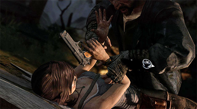 Next, wiggle the analog stick left and right (or press the directional buttons) - Avoid Detection While Attempting to Escape | 7: Mountain Rendezvous Walkthrough - 7: Mountain Rendezvous | Walkthrough - Tomb Raider Game Guide