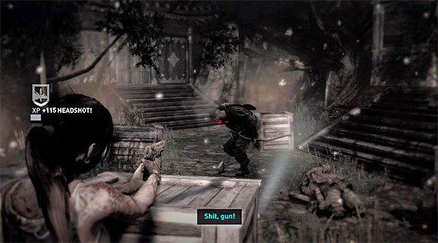 According to the games tip, the best way to eliminate the guards is to use the recently acquired pistol - Fight Back Against the Islands Inhabitants | 7: Mountain Rendezvous Walkthrough - 7: Mountain Rendezvous | Walkthrough - Tomb Raider Game Guide
