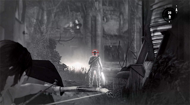 Once the light is turned off, wait until the situation calms down a bit, then take down the guard with his back towards you, standing right in front of the tunnels exit (screenshot) - Find the Bunker | 8: Cry for Help Walkthrough - 8: Cry for Help | Walkthrough - Tomb Raider Game Guide