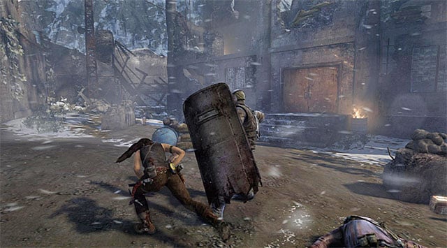 When the fighting is over, drop down to the courtyard (if you havent already), then advance to the door of the main building to the west - Climb the Radio Tower to Send an SOS | 8: Cry for Help Walkthrough - 8: Cry for Help | Walkthrough - Tomb Raider Game Guide